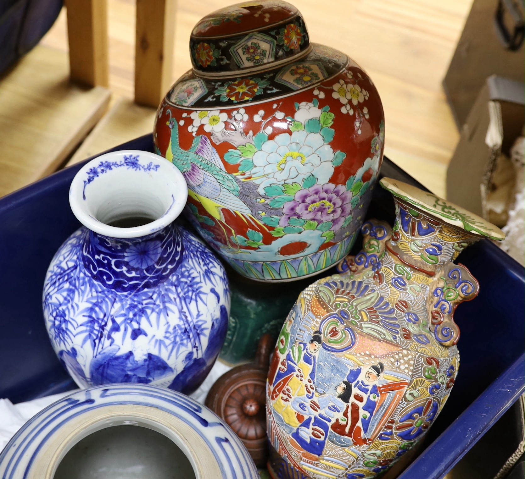 A group of mixed Japanese ceramic vases and a jar